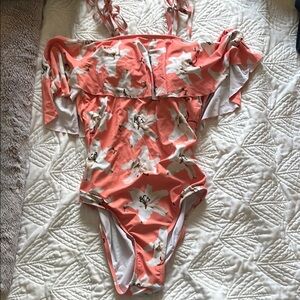 White and Orange Ruffled One Piece Swimsuit